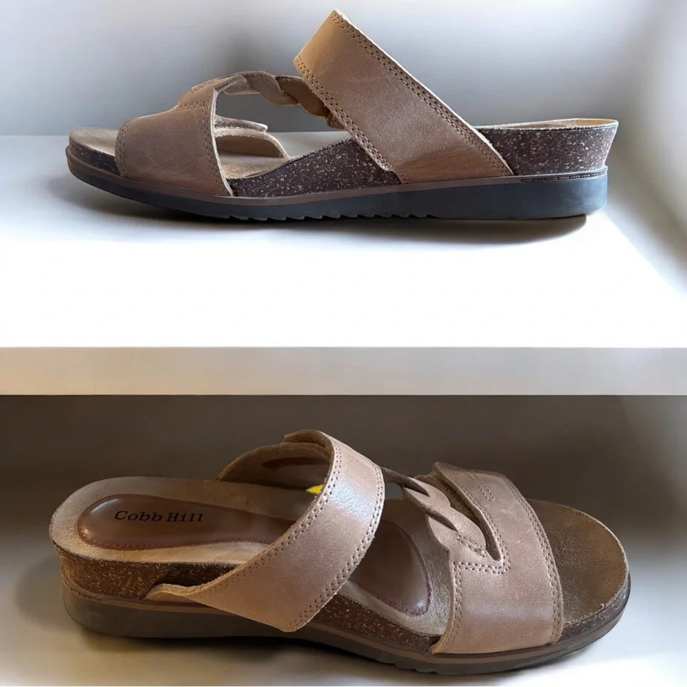 Cobb Hill Women’s Neutral Tan Leather Slide In Hook Loop Closure Comfort Sandals